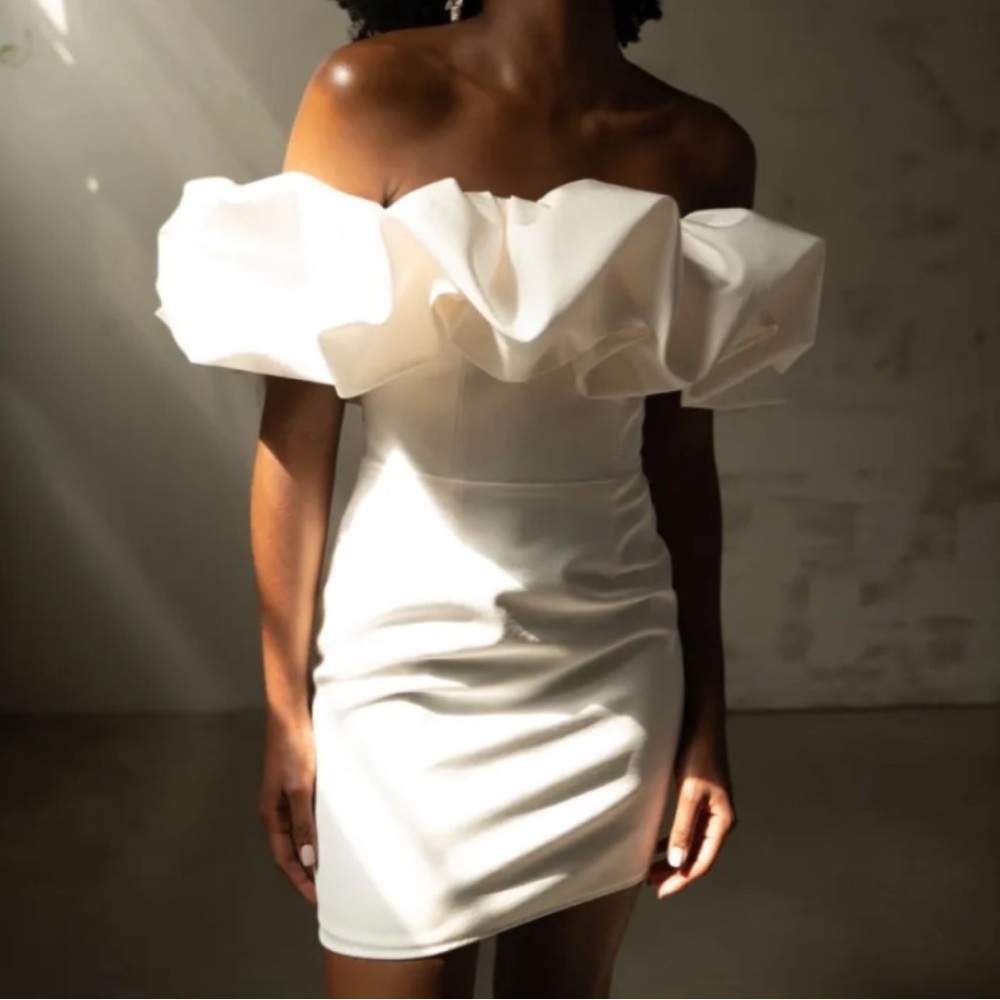 Jenny Yoo Emily Selena Ivory Satin Ruffle Bridal Bride Engagement Mini Dress 2